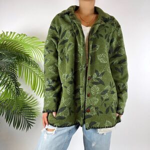 Vintage 90s Green Floral Granola Girl Cottagecore Oversized Knit Jacket / M/L